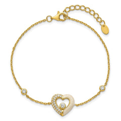 Sterling Silver Gold-tone Polished CZ and Champagne Enamel Open Heart 7 inch with 1 inch Extension Bracelet QG6957GP-7