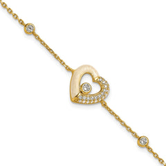 Sterling Silver Gold-tone Polished CZ and Champagne Enamel Open Heart 7 inch with 1 inch Extension Bracelet QG6957GP-7