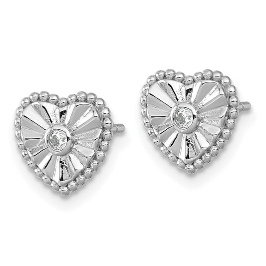 QG6958E Sterling Silver Rhodium-plated Polished Beaded and Textured CZ Heart Post Earrings