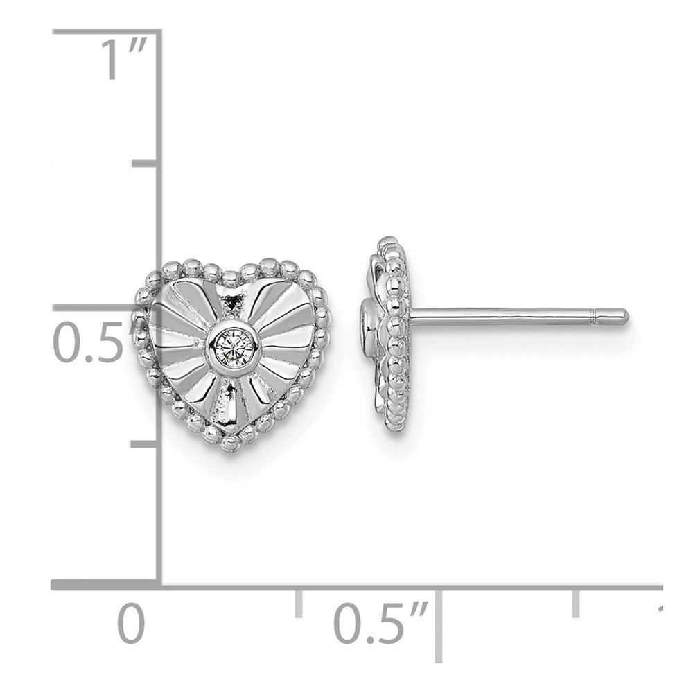 QG6958E Sterling Silver Rhodium-plated Polished Beaded and Textured CZ Heart Post Earrings