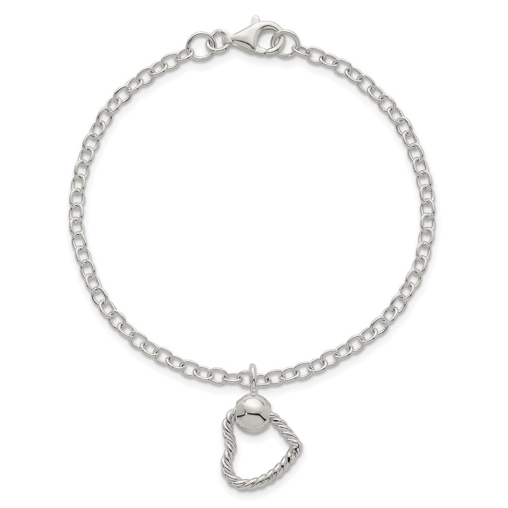 Sterling Silver Polished and Twisted Heart Dangle 7.5 Inch Cable Chain Bracelet QG6961-7.5