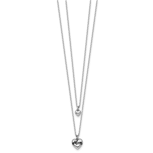 Sterling Silver Rhodium-plated Two-Strand Black Enameled MOM Puffed Heart and Small Heart 16 inch with 1 inch extension Necklace QG6962-16