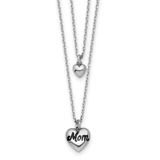 Sterling Silver Rhodium-plated Two-Strand Black Enameled MOM Puffed Heart and Small Heart 16 inch with 1 inch extension Necklace QG6962-16