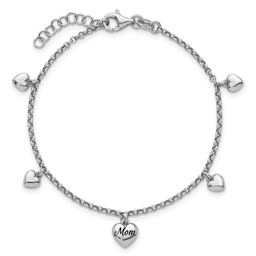Sterling Silver Rhodium-plated Black Enameled MOM Puffed Heart with Heart Charms 6.5 inch with 0.75 inch extension Bracelet QG6962-6.5