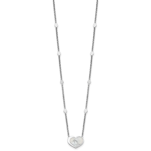 Sterling Silver Rhodium-plated Mother of Pearl Heart 16 inch with 1 inch extension Station Necklace QG6963-16