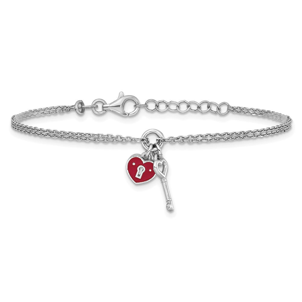 Sterling Silver Rhodium-plated Two-strand Red Enameled Heart Lock and Key 6.75 inch with 0.75 inch extension Bracelet QG6964-6.75
