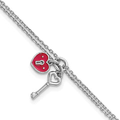 Sterling Silver Rhodium-plated Two-strand Red Enameled Heart Lock and Key 6.75 inch with 0.75 inch extension Bracelet QG6964-6.75