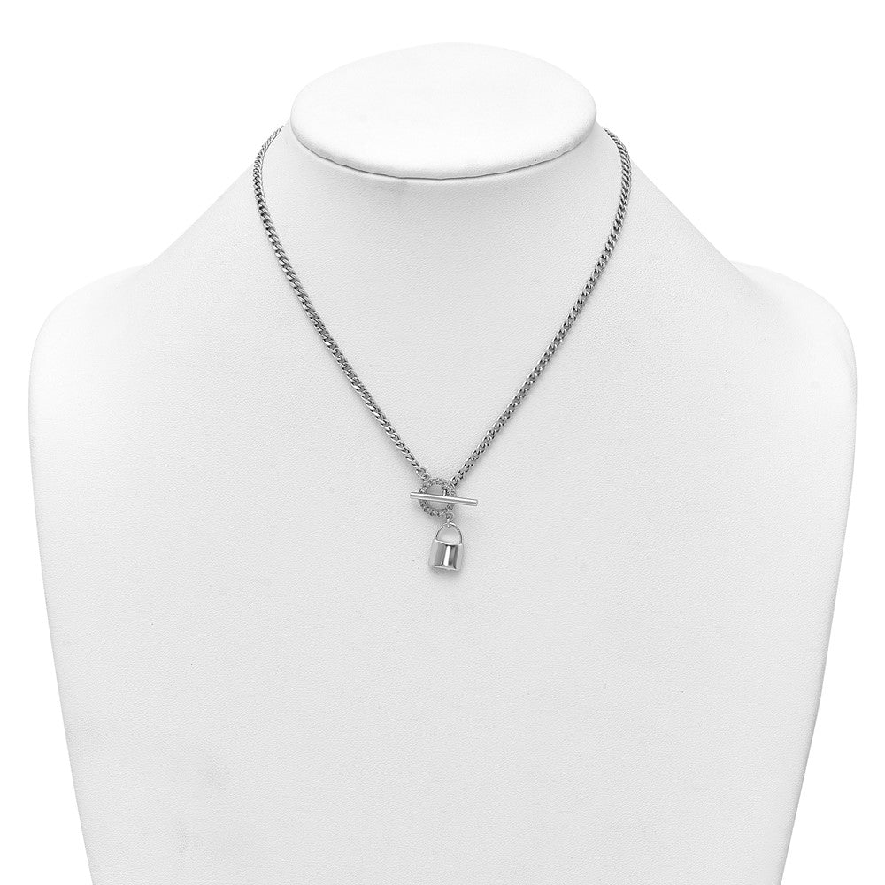 Sterling Silver Rhodium-plated CZ 16 inch with 2 inch extender Lock Pendant Toggle Necklace QG6965-16