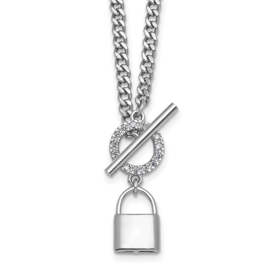 Sterling Silver Rhodium-plated CZ 16 inch with 2 inch extender Lock Pendant Toggle Necklace QG6965-16