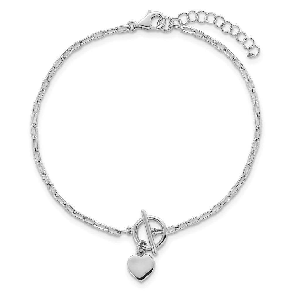 Sterling Silver Rhodium-plated Polished Heart Dangle Paperclip Link 6.5 Inch with 1 Inch Extension Bracelet QG6966-6.5