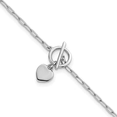 Sterling Silver Rhodium-plated Polished Heart Dangle Paperclip Link 6.5 Inch with 1 Inch Extension Bracelet QG6966-6.5