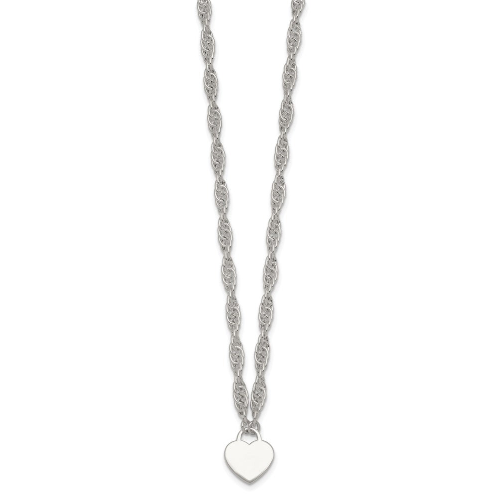 Sterling Silver Polished Fancy Engravable Heart Disc on Rope Chain 16 Inch with 2 Inch Extension Necklace QG6967-16