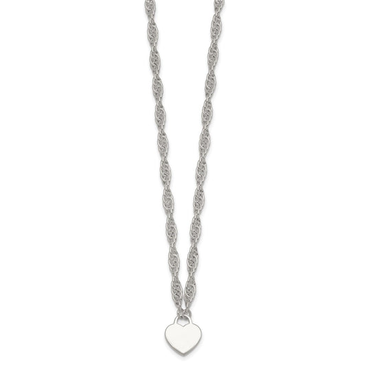 Sterling Silver Polished Fancy Engravable Heart Disc on Rope Chain 16 Inch with 2 Inch Extension Necklace QG6967-16