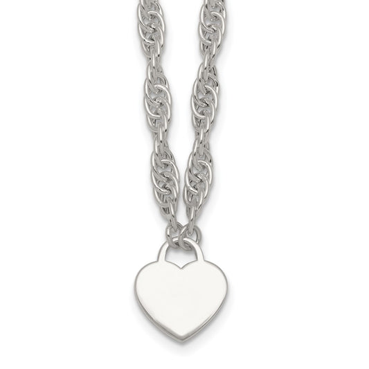 Sterling Silver Polished Fancy Engravable Heart Disc on Rope Chain 16 Inch with 2 Inch Extension Necklace QG6967-16