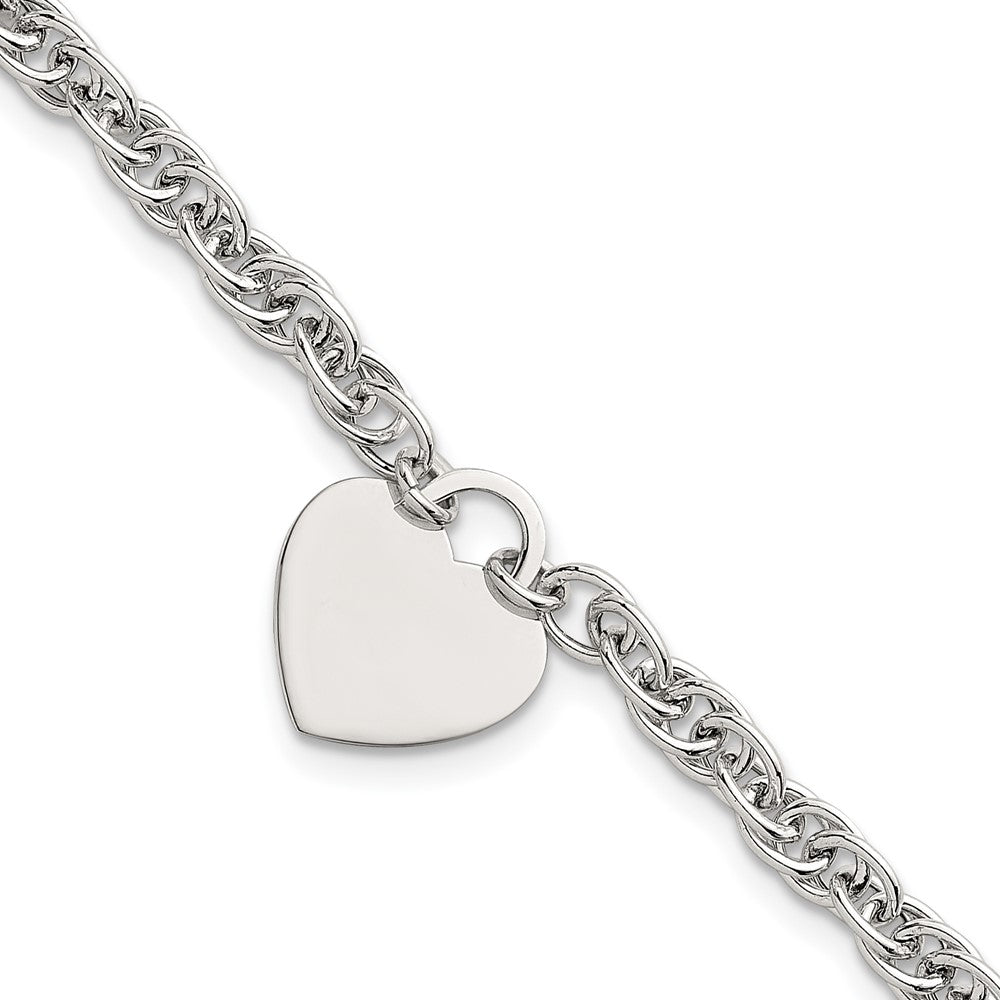 Sterling Silver Polished Fancy Engravable Heart Disc on Rope Chain 7 Inch with 1 Inch Extension Bracelet QG6967-7