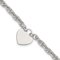 Sterling Silver Polished Fancy Engravable Heart Disc on Rope Chain 7 Inch with 1 Inch Extension Bracelet QG6967-7