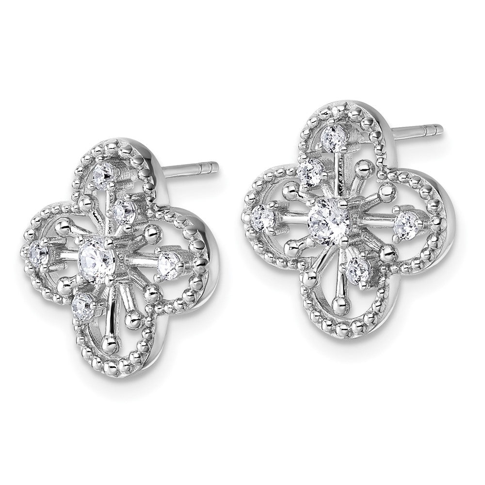 QG6968E Sterling Silver Rhodium-plated CZ Textured Clover Shape Post Earrings