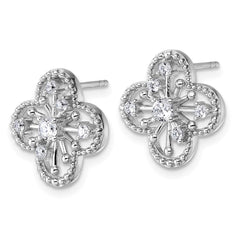 QG6968E Sterling Silver Rhodium-plated CZ Textured Clover Shape Post Earrings