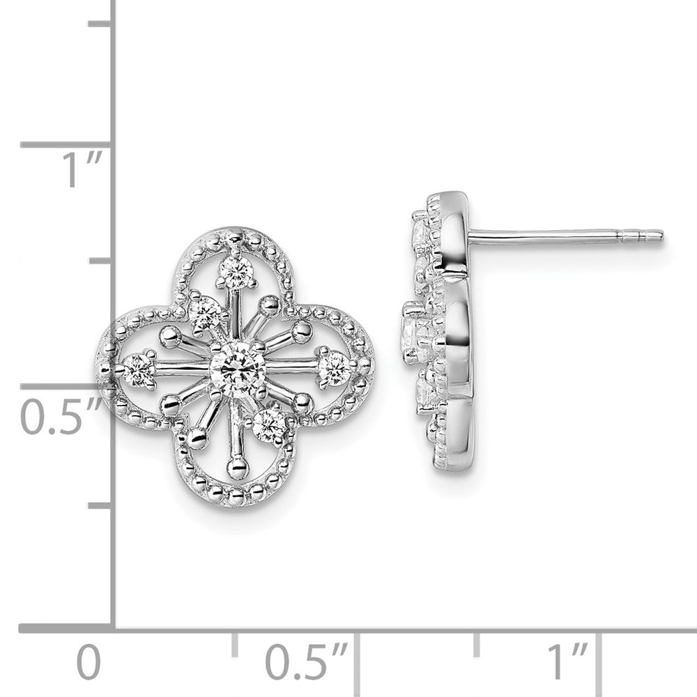 QG6968E Sterling Silver Rhodium-plated CZ Textured Clover Shape Post Earrings