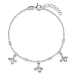 Sterling Silver Polished and Beaded with Three Leaf Dangles 7 inch with 1 inch Extension Bracelet QG6970-7