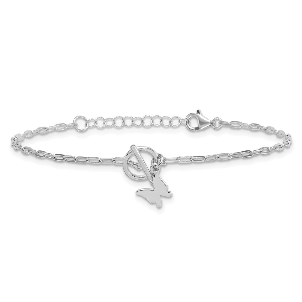 Sterling Silver Rhodium-plated Polished Butterfly Dangle Paperclip Link 6.5 Inch with 1 Inch Extension Bracelet QG6971-6.5