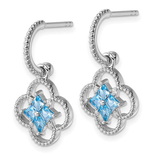 QG6972E Sterling Silver Rhodium-plated Blue CZ Textured Removeable Clover J-Hoop Post Dangle Earrings