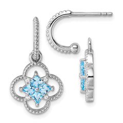 QG6972E Sterling Silver Rhodium-plated Blue CZ Textured Removeable Clover J-Hoop Post Dangle Earrings