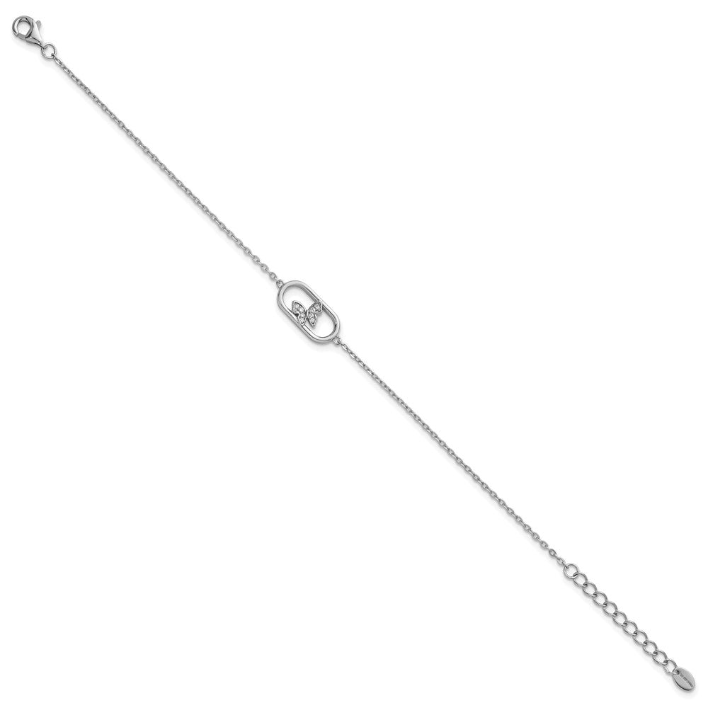 Sterling Silver Rhodium-plated CZ Oval with Butterfly 7 inch with 1 inch Extension Bracelet QG6973-7