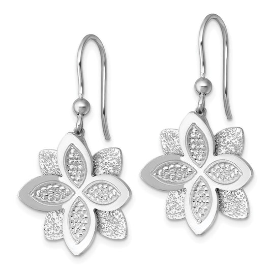 QG6974E Sterling Silver Rhodium-plated Polished Brushed and Textured Flower Shepherd Hook Dangle Earrings