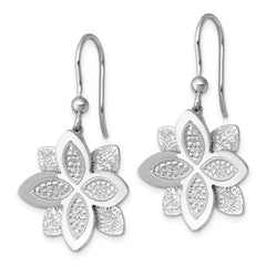 QG6974E Sterling Silver Rhodium-plated Polished Brushed and Textured Flower Shepherd Hook Dangle Earrings