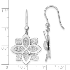 QG6974E Sterling Silver Rhodium-plated Polished Brushed and Textured Flower Shepherd Hook Dangle Earrings