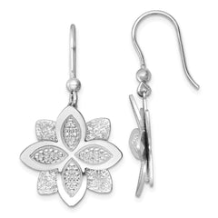 QG6974E Sterling Silver Rhodium-plated Polished Brushed and Textured Flower Shepherd Hook Dangle Earrings