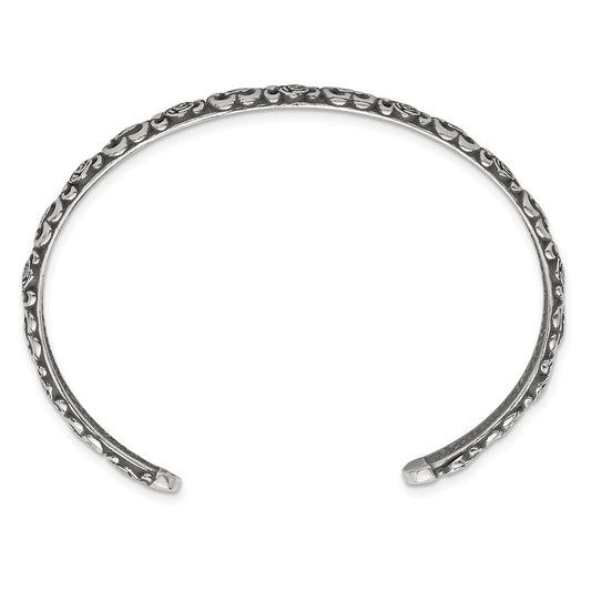 Sterling Silver Antiqued Floral 6.5mm Cuff Bangle Bracelet QG6975B