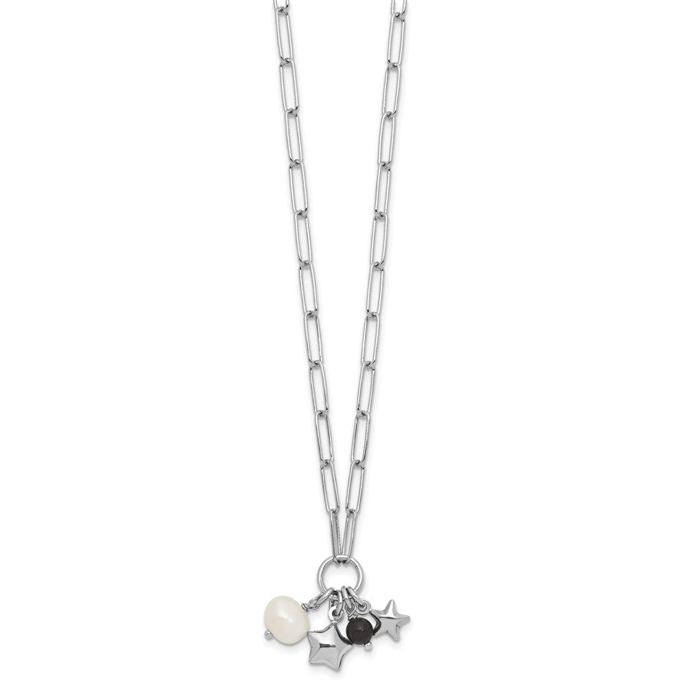 Sterling Silver Rhodium-plated Stars and White Freshwater Cultured Pearl and Black Acrylic Bead 17.75 inch with 2 inch Extender Paperclip Necklace QG6977-17.75