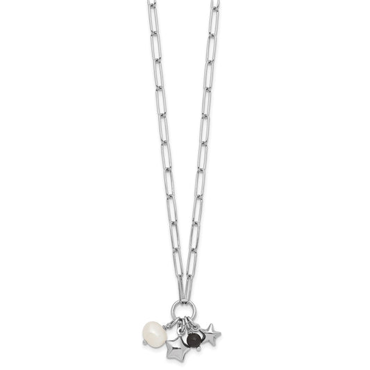 Sterling Silver Rhodium-plated Stars and White Freshwater Cultured Pearl and Black Acrylic Bead 17.75 inch with 2 inch Extender Paperclip Necklace QG6977-17.75