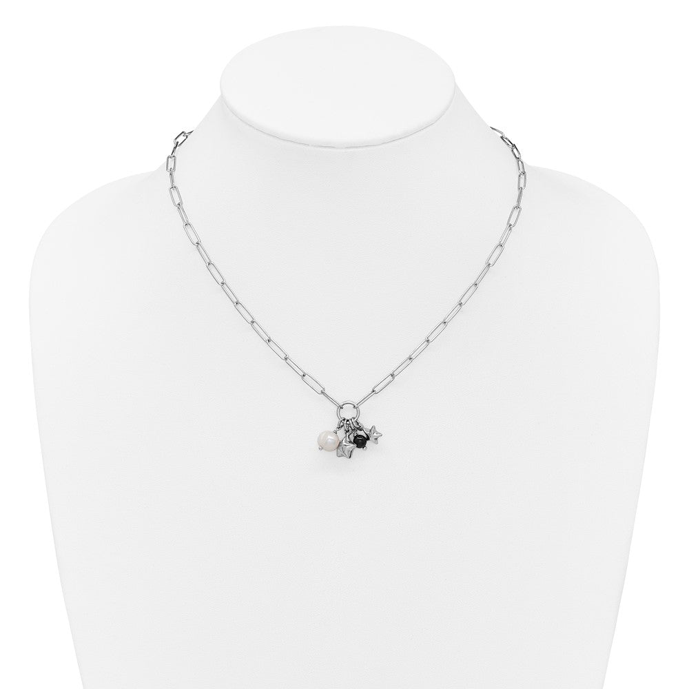 Sterling Silver Rhodium-plated Stars and White Freshwater Cultured Pearl and Black Acrylic Bead 17.75 inch with 2 inch Extender Paperclip Necklace QG6977-17.75