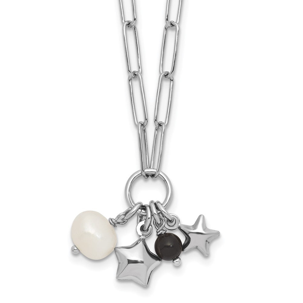 Sterling Silver Rhodium-plated Stars and White Freshwater Cultured Pearl and Black Acrylic Bead 17.75 inch with 2 inch Extender Paperclip Necklace QG6977-17.75