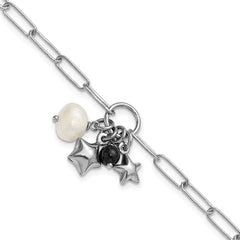 Sterling Silver Rhodium-plated Stars and White Freshwater Cultured Pearl and Black Acrylic Bead 6.75 inch with 1 inch Extender Paperclip Bracelet QG6977-6.75