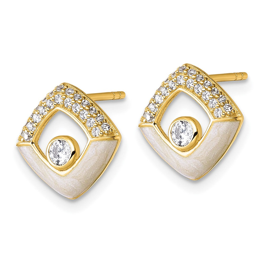 QG6978EGP Sterling Silver Gold-tone CZ and Champagne Enamel Polished Square Post Earrings