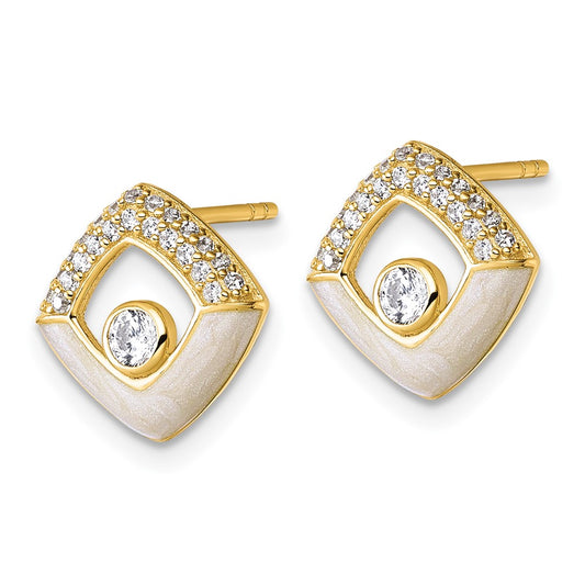 QG6978EGP Sterling Silver Gold-tone CZ and Champagne Enamel Polished Square Post Earrings