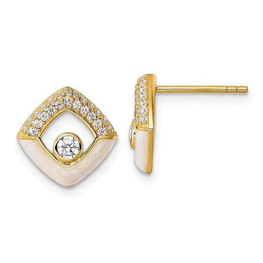 QG6978EGP Sterling Silver Gold-tone CZ and Champagne Enamel Polished Square Post Earrings