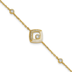 Sterling Silver Gold-tone CZ and Champagne Enamel Square 7 inch with 0.5 inch Extension Bracelet QG6978GP-7