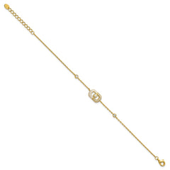 Sterling Silver Gold-tone CZ and Champagne Enamel Rectangle 7 inch with  0.5 inch Extension Bracelet QG6979GP-7