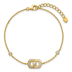 Sterling Silver Gold-tone CZ and Champagne Enamel Rectangle 7 inch with  0.5 inch Extension Bracelet QG6979GP-7