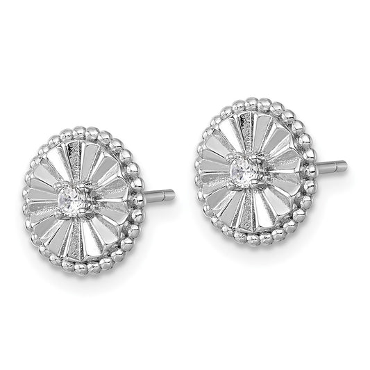 QG6980E Sterling Silver Rhodium-plated Polished Beaded and Textured CZ Circle Post Earrings