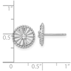 QG6980E Sterling Silver Rhodium-plated Polished Beaded and Textured CZ Circle Post Earrings