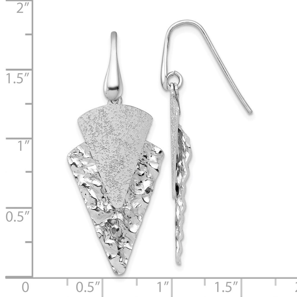 QG6983E Sterling Silver Rhodium-plated Polished Brushed and Hammered Triangle Shepherd Hook Dangle Earrings