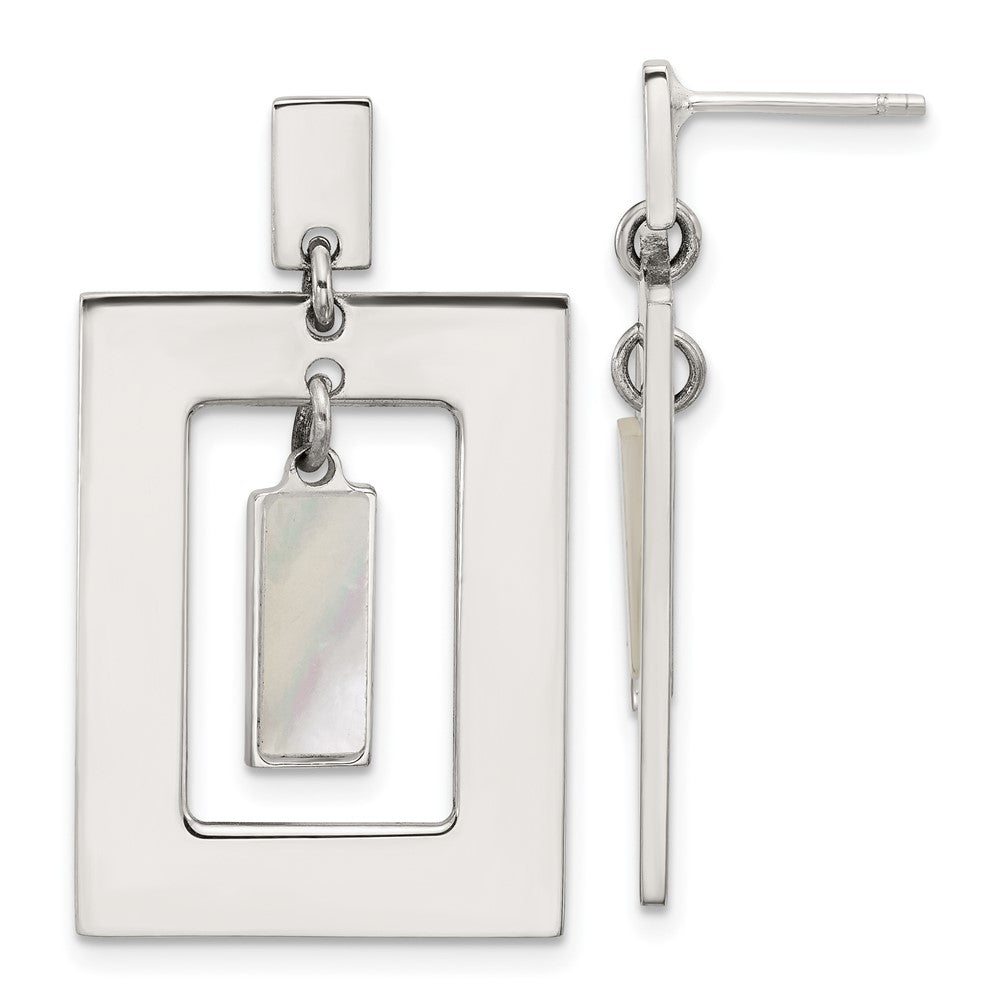 QG6984E Sterling Silver Open Rectangle with Mother of Pearl Dangle Post Earrings