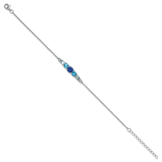 Sterling Silver Rhodium-plated Polished Lab Created Spinel/Lab Created Aquamarine/CZ  7 Inch with 1 Inch Extension Bracelet QG6987-7