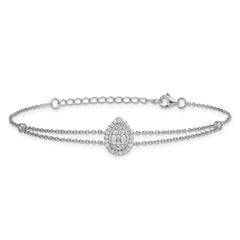 Sterling Silver Rhodium-plated Polished Fancy Two-strand CZ Teardrop Halo 7 Inch with 1 Inch Extension Bracelet QG6989-7